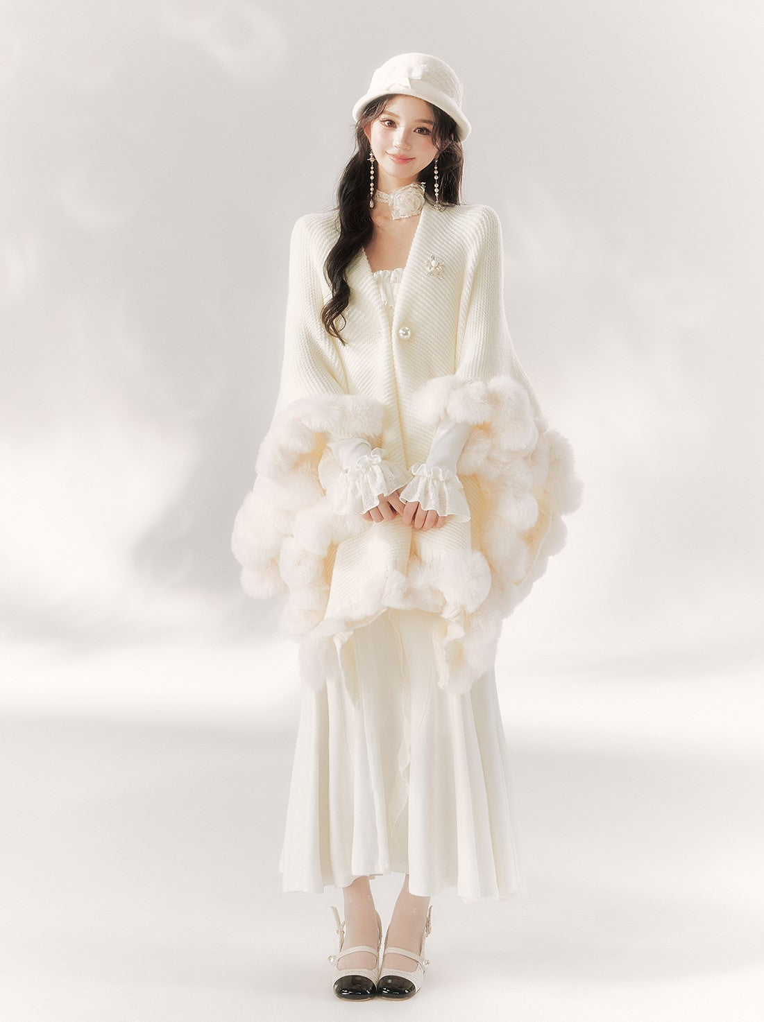 White Nine-tailed Fur Ball Knitted Cape BBB0092