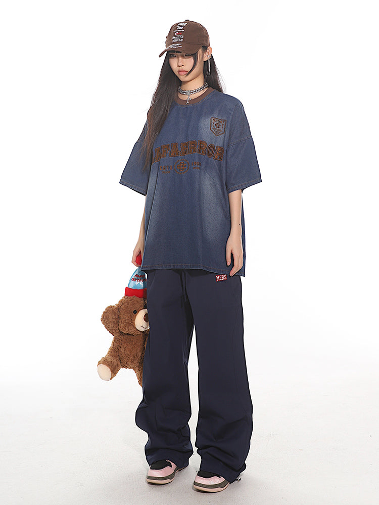 American Retro Letter Embroidery Denim Loose T-shirt UNC0137