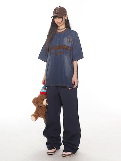 American Retro Letter Embroidery Denim Loose T-shirt UNC0137