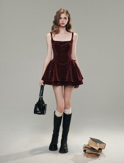 Burgundy Moment Red Velvet Retro Hepburn Style Waist Mini Dress GRO0066