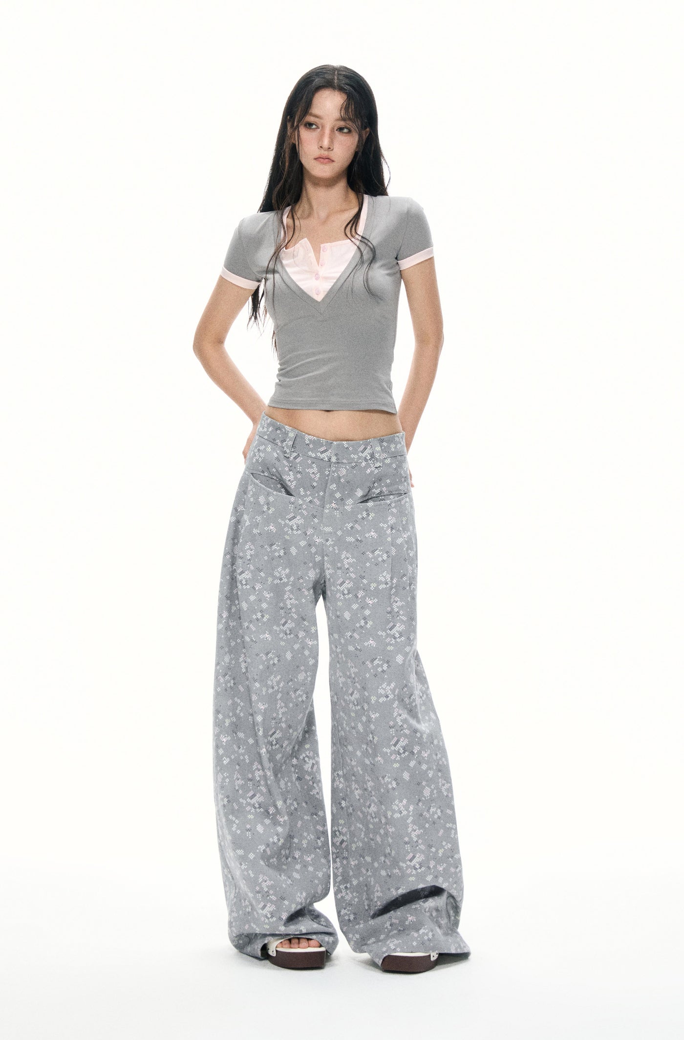 Gray Floral Casual Wide Leg Pants APE0384