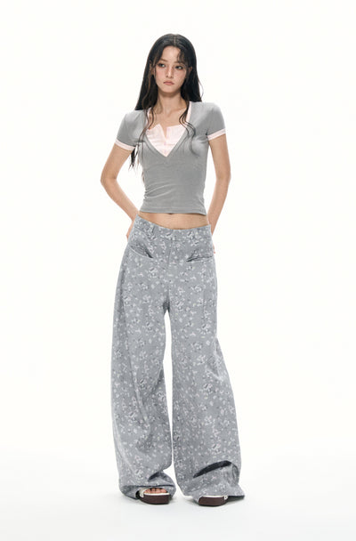 Gray Floral Casual Wide Leg Pants APE0384