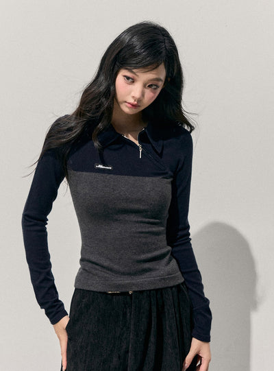 Long-Sleeve Polo Block Color T-Shirt DIA0741