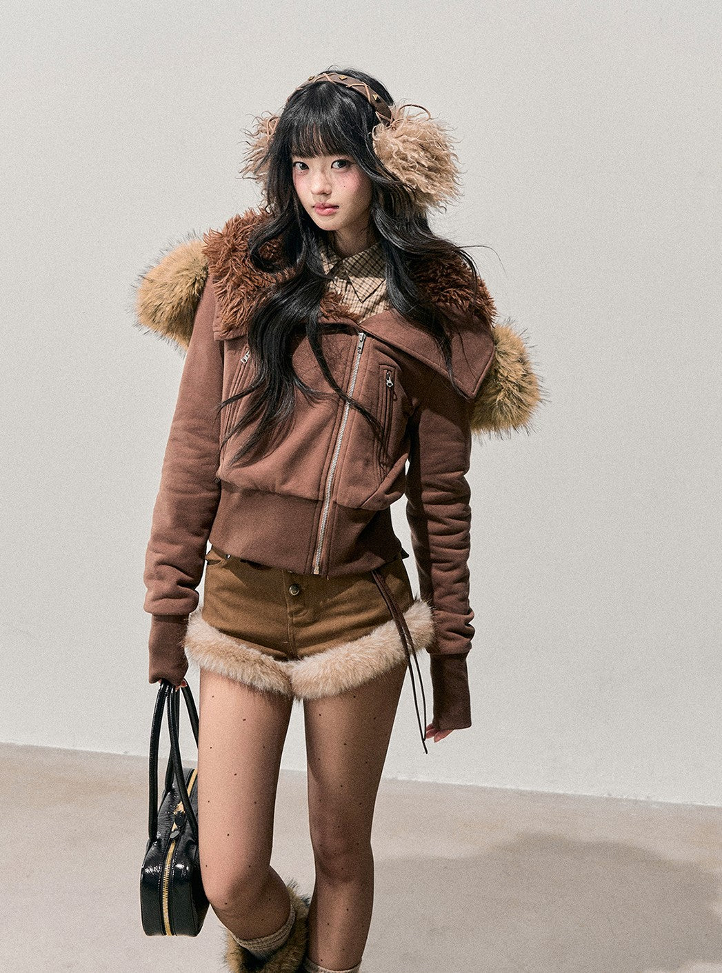 Brown Detachable Shearling Collar Jacket DIA0752