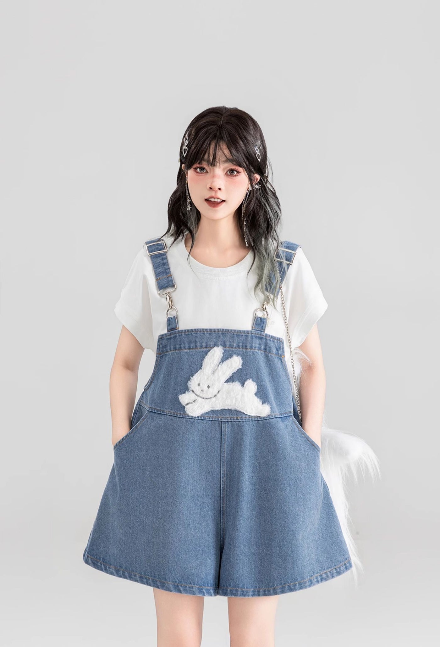 Rabbit Print Denim Overalls/White T-shirt KEI0053