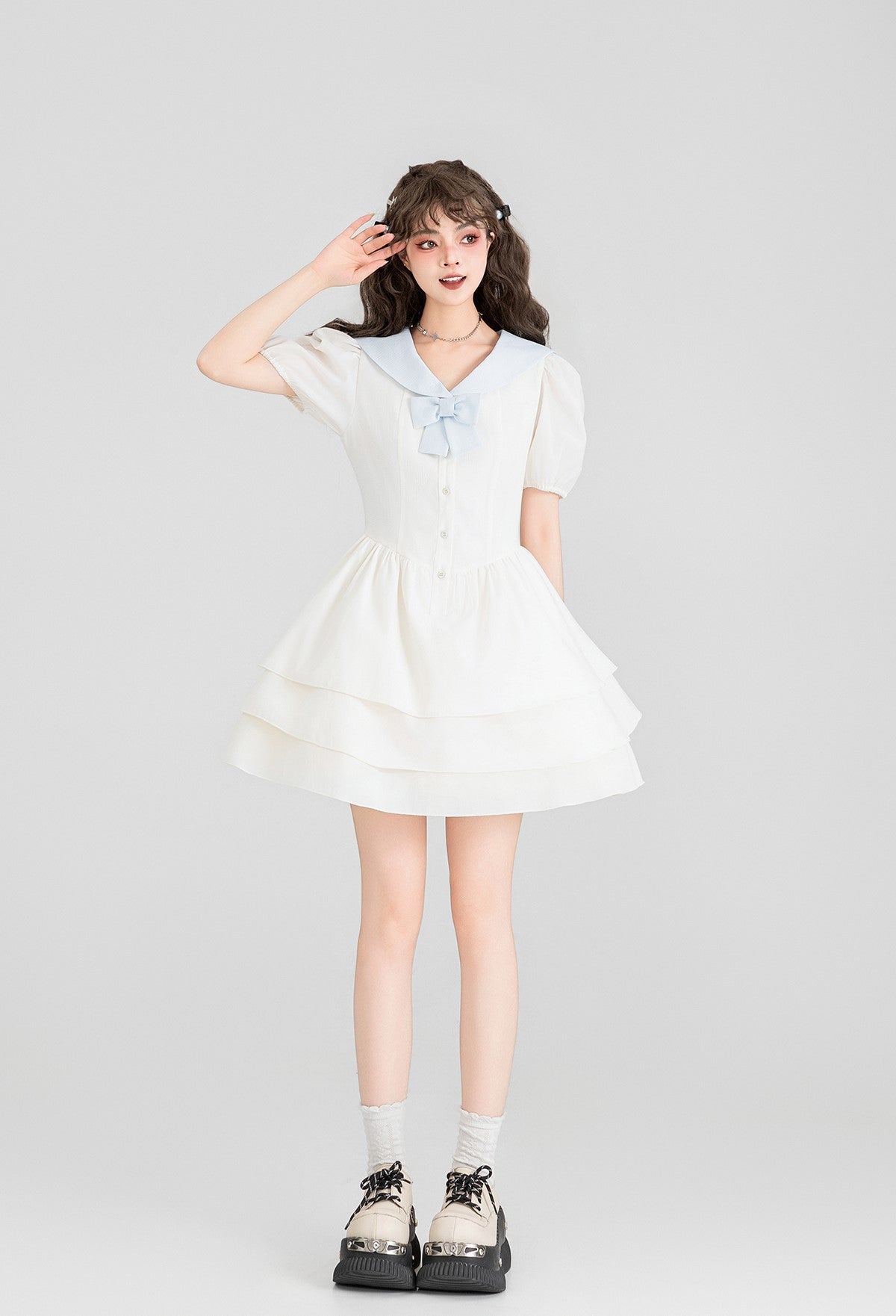 Navy Collar White A-Line Cake Princess Dress KEI0095