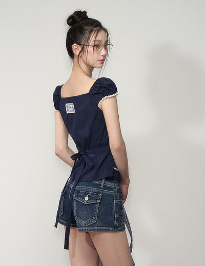 Lapel Lace Puff Sleeve Shirt SOO0001