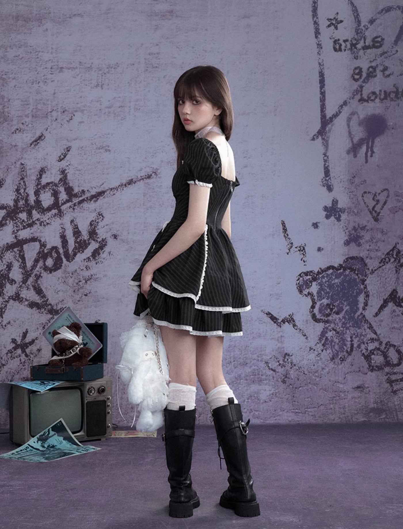 Black Striped Lace Cake Dress SAG0267