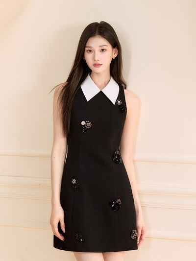 Black Sleeveless Beaded Flower Dress OSH0121