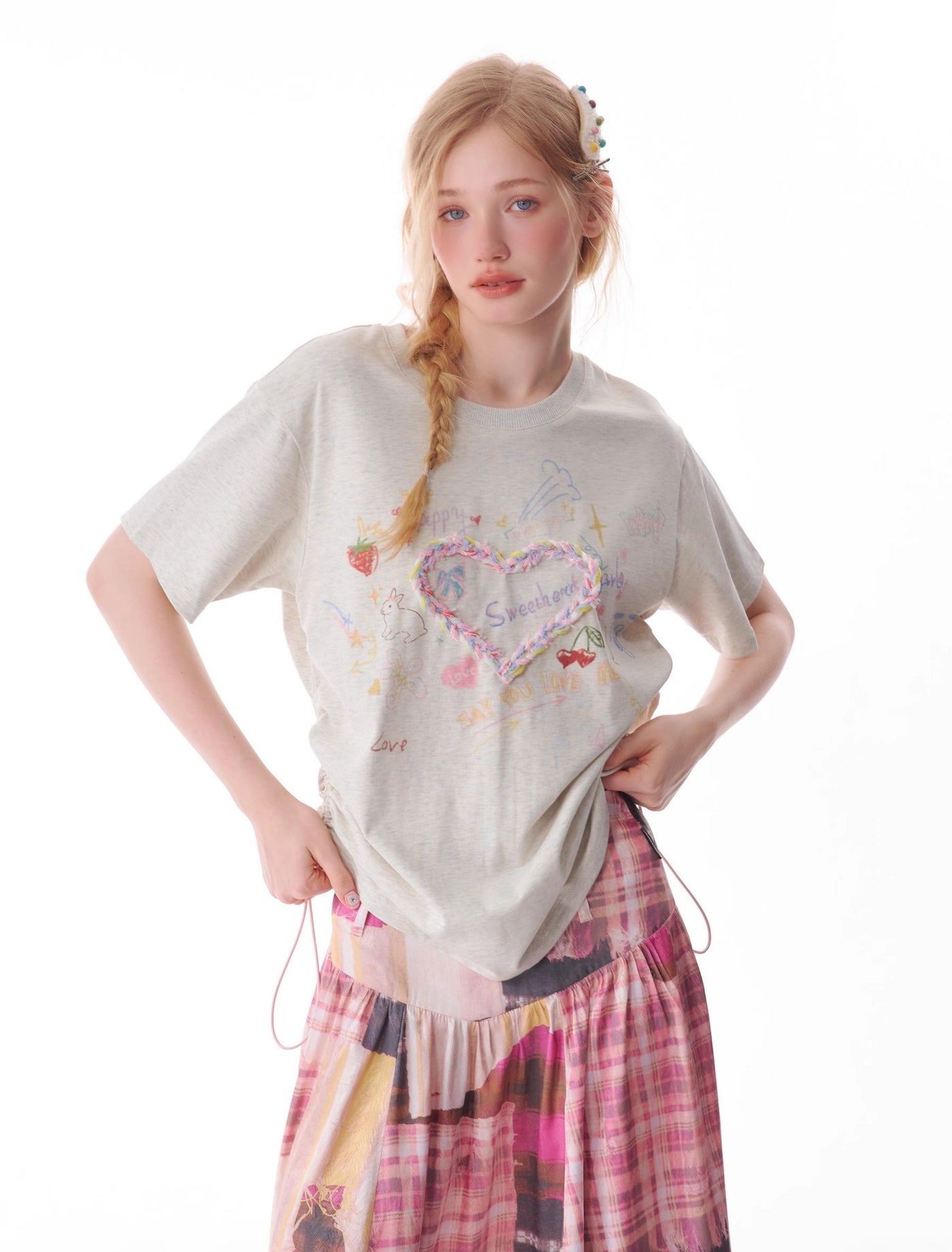 Drawstring Round Neck Three-dimensional Love Print Short-sleeved T-shirt ZIZ0116