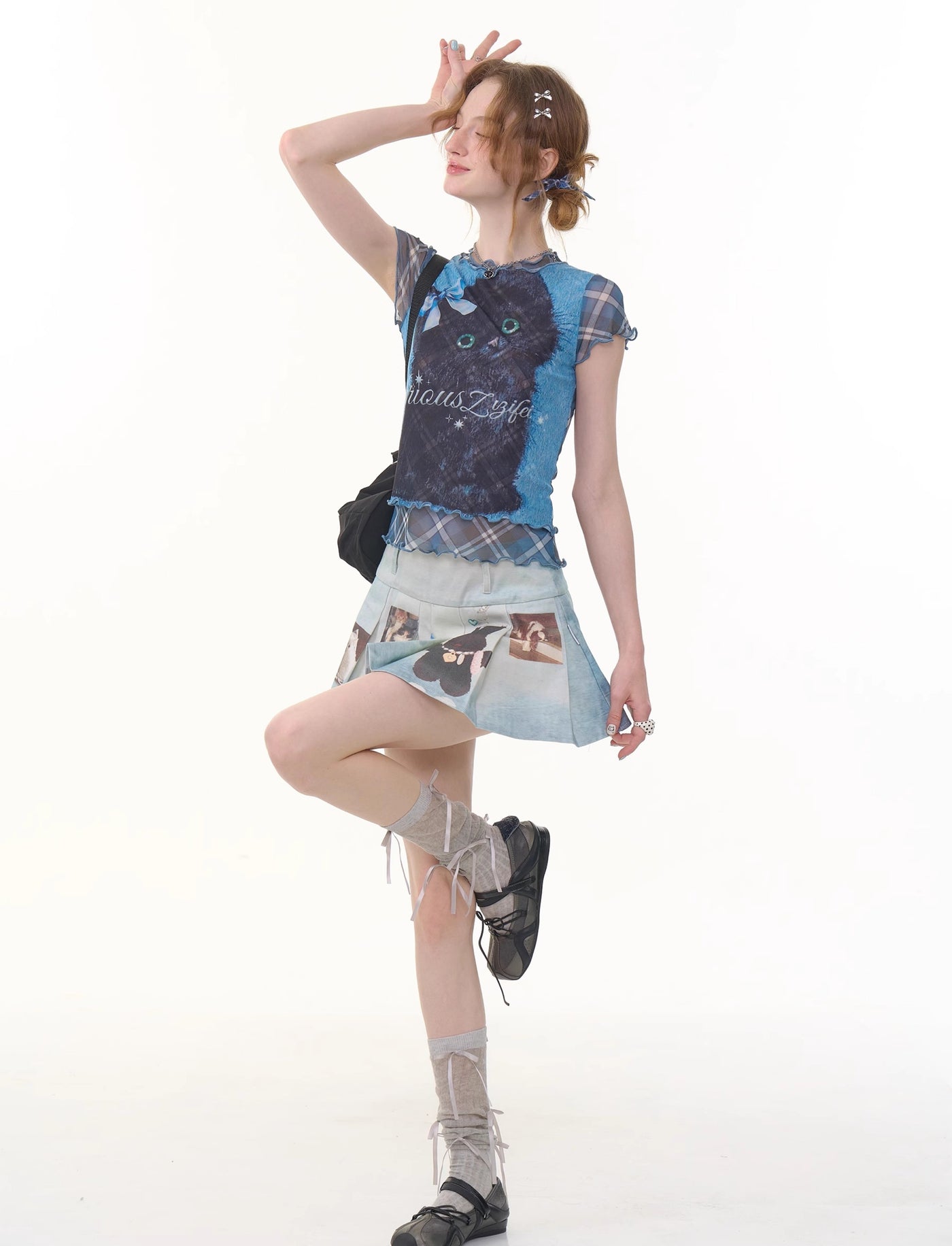 Plaid Fake Two-piece Cat Print T-shirt ZIZ0278