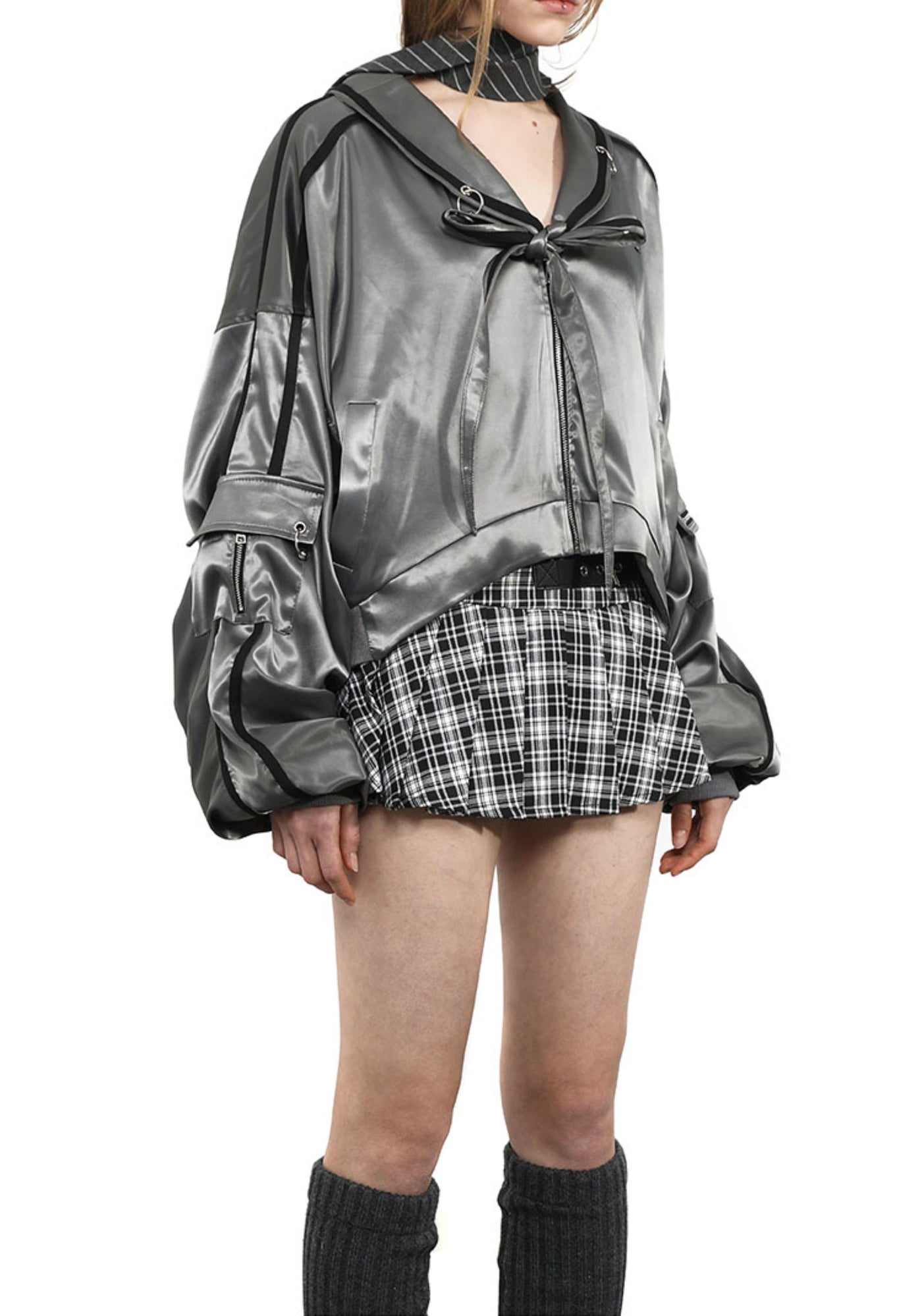 Leather Button Plaid Pleated Skirt ANY0081