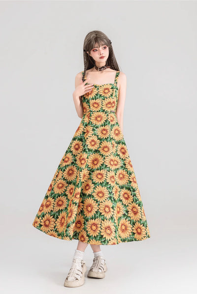 Sunflower Jacquard Floral Suspender Long Dress KEI0152