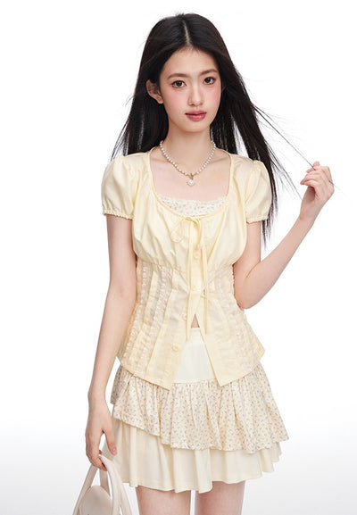 Light Yellow Puff Sleeve Pleated Fake Two-piece Shirt/Cake Skirt NTO0088