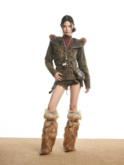 Retro Fur Collar Workwear Denim Jacket UNC0321