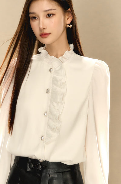 French Satin Textured Puff Sleeve Ruffle Design Shirt OSH0072