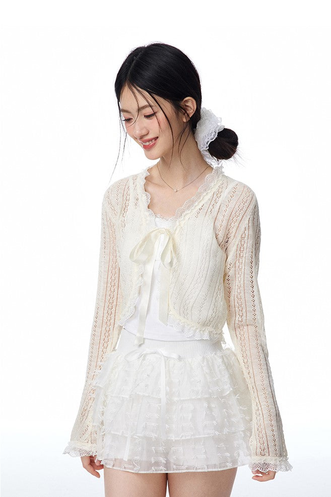 Hollow Light Bow Lace Knitted Cardigan/Camisole/Skirt NTO0102