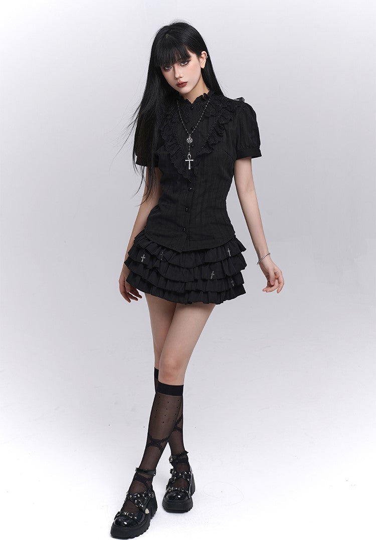 Black Short-sleeved Gothic Lace Shirt LAD0205