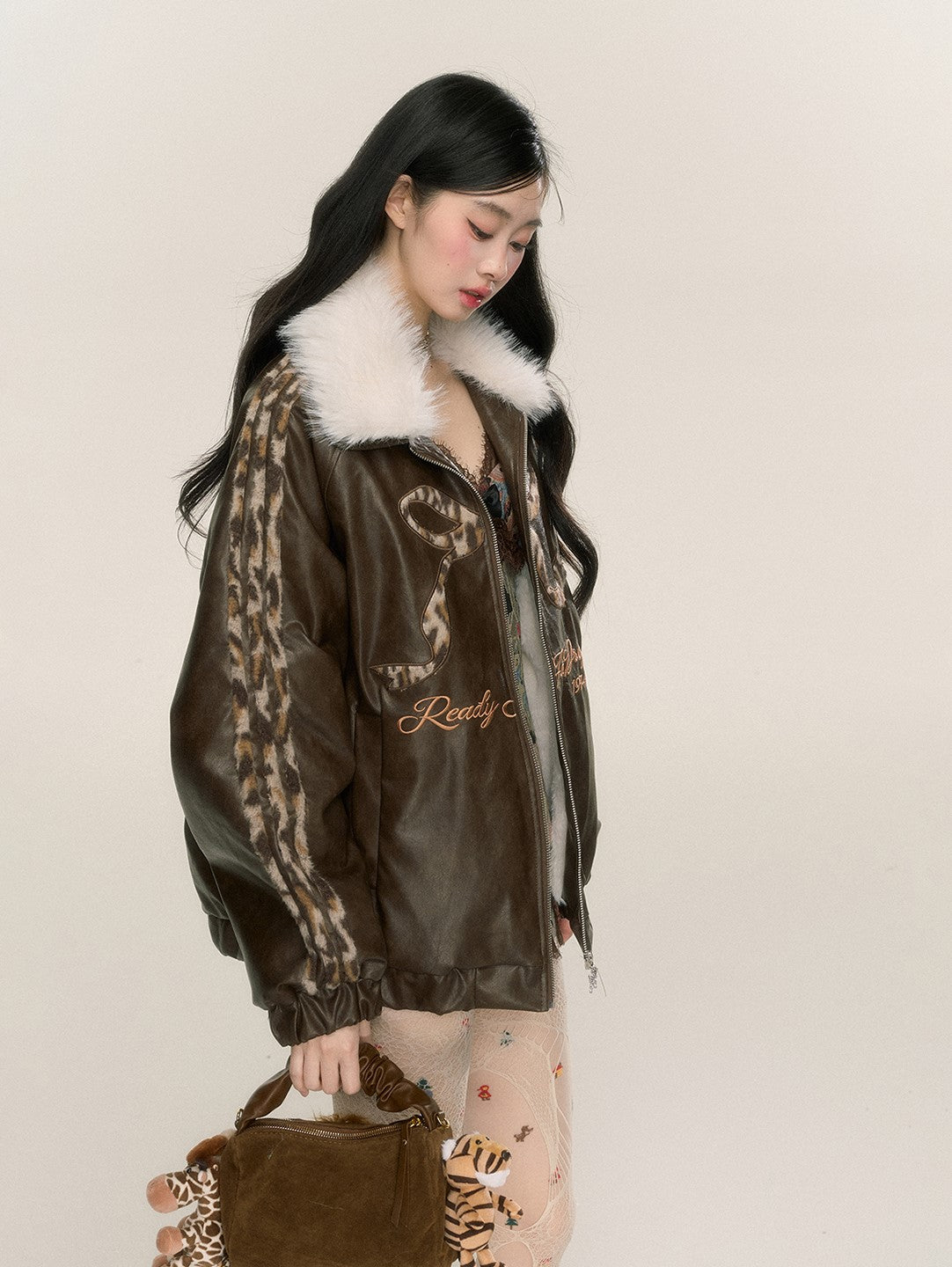 Fur Collar Loose Leopard Print Leather Jacket DIA0223