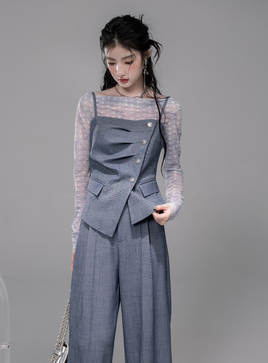 Starry Gray-Blue Camisole+Pants+Tulle Top COT0339