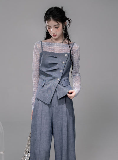 Starry Gray-Blue Camisole+Pants+Tulle Top COT0339