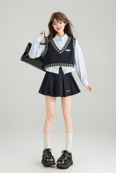 Patchwork Long-sleeved Fake Two-piece Shirt/Skirt KEI0167