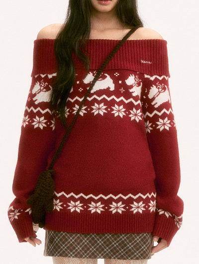 Red Nordic Design Off-Shoulder Sweater WEE0120