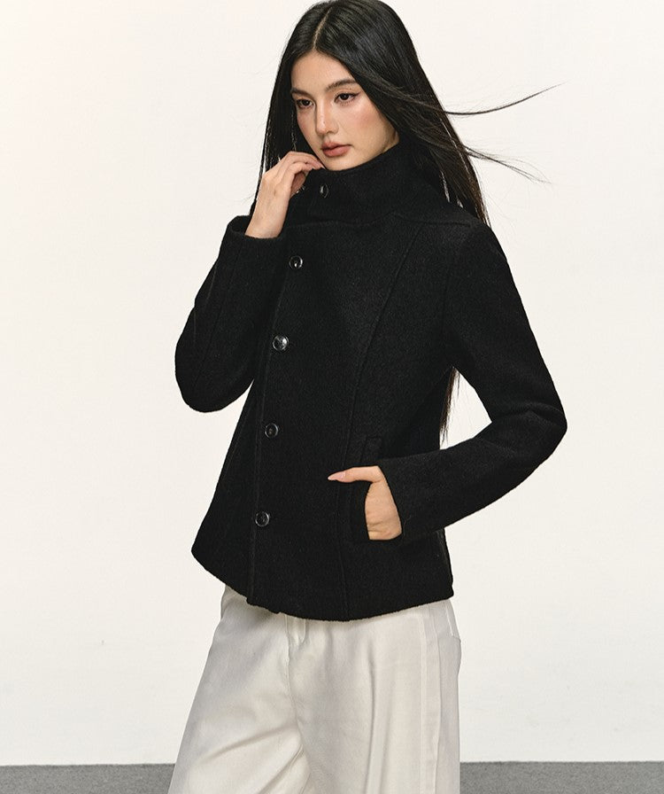 Double-Faced Stand Collar Black Short Coat ANA0076