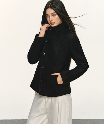 Double-Faced Stand Collar Black Short Coat ANA0076