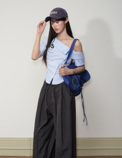 Casual Oblique Shoulder Striped Shirt SOO0012