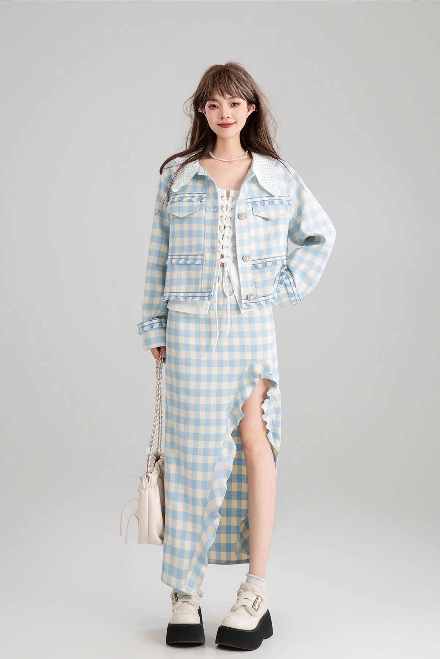 Blue And White Plaid French Short Jacket/Slit Skirt KEI0169