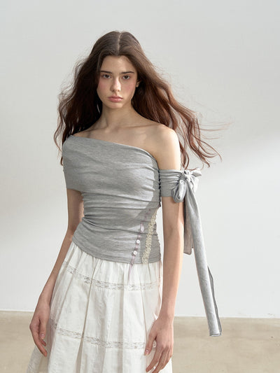 Off-shoulder Ribbon T-shirt SUN0132