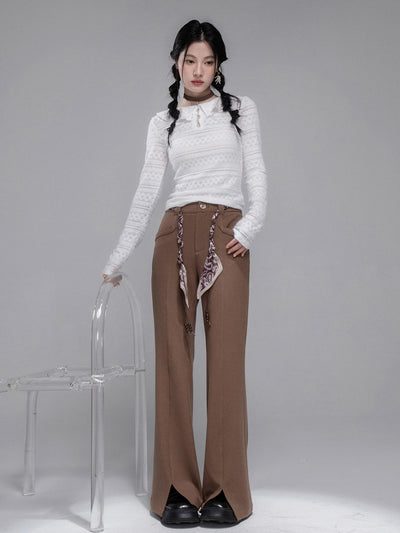 Chestnut Brown Scarf Belt Flared Pants COT0360