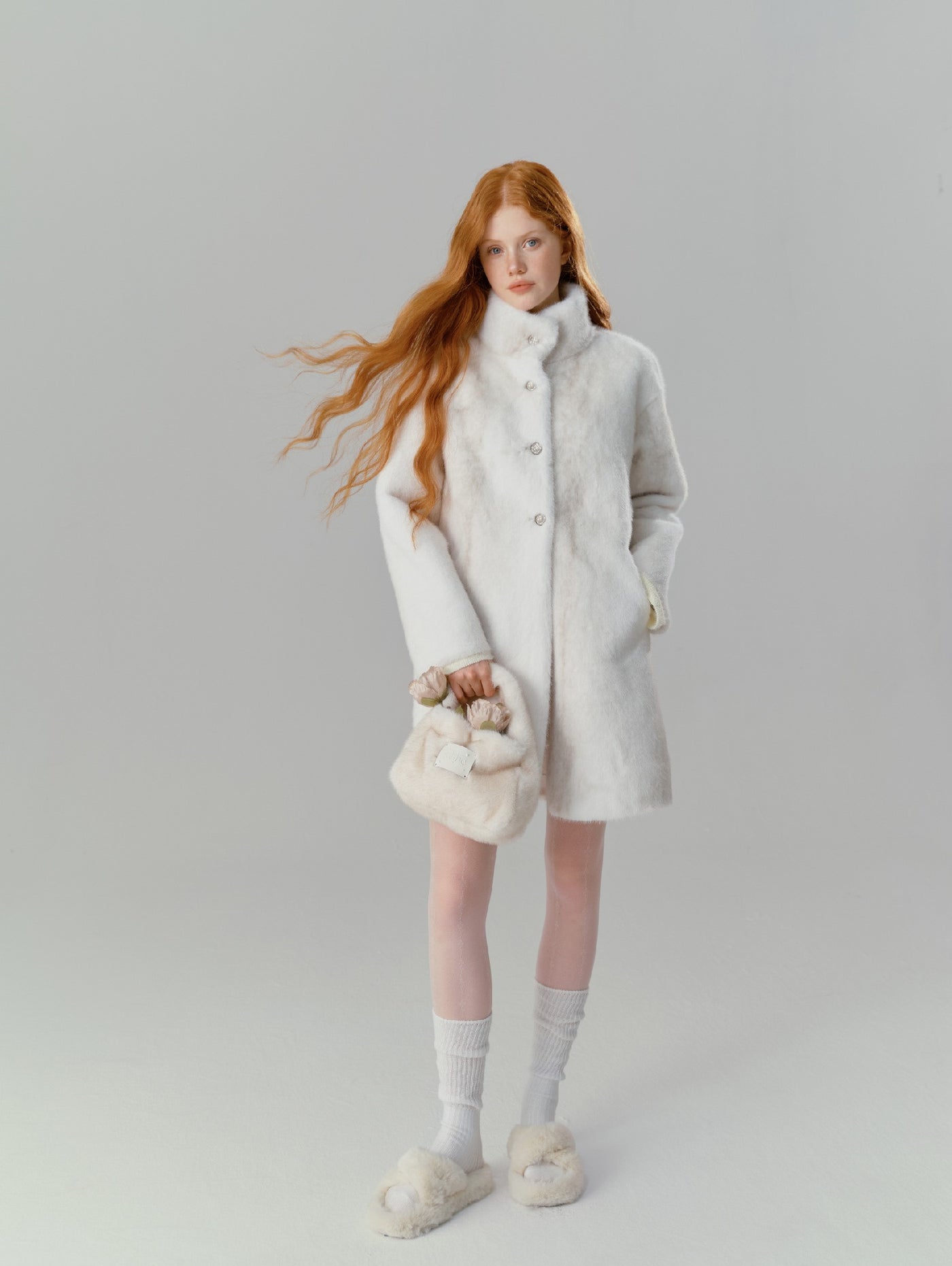 White Cross Half High Collar Eco-friendly Fur Long Coat SAL0089