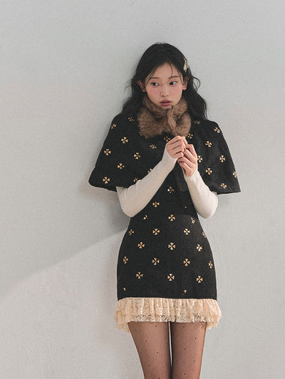 Sequins Design Dress/Detachable Fur Collar Cape DIA0750