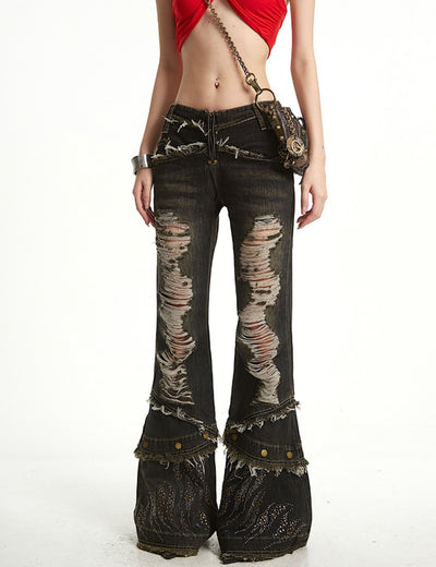 Ripped Tassel Design Flared Jeans UNC0265