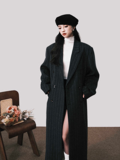 High-intelligence Dark Gray Vertical Stripes Double-breasted Long Coat LUL0104