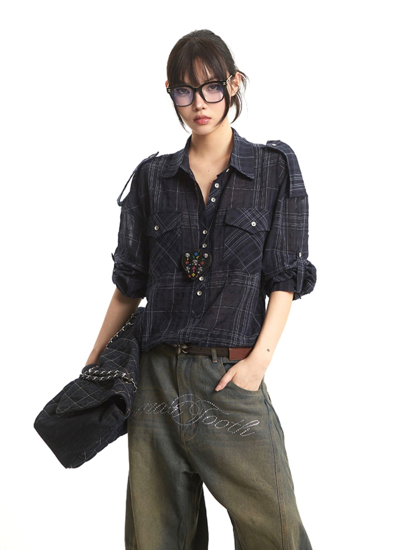 Retro Navy Plaid Long Sleeve Shirt UNC0275
