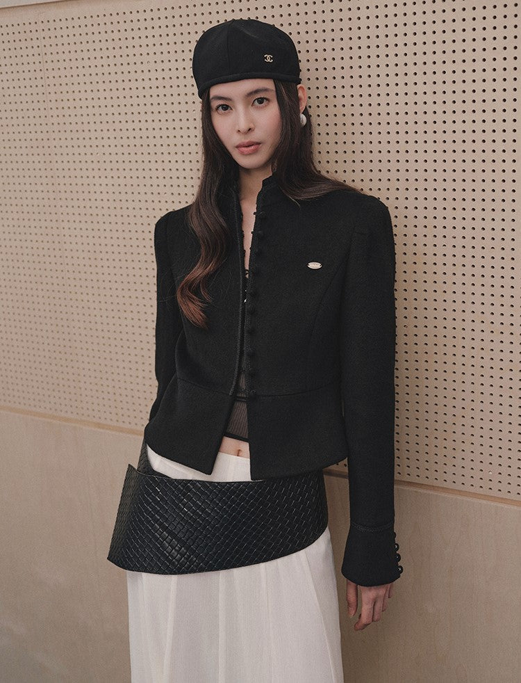 Ruffled Stand Collar Short Woolen Jacket LAL0248