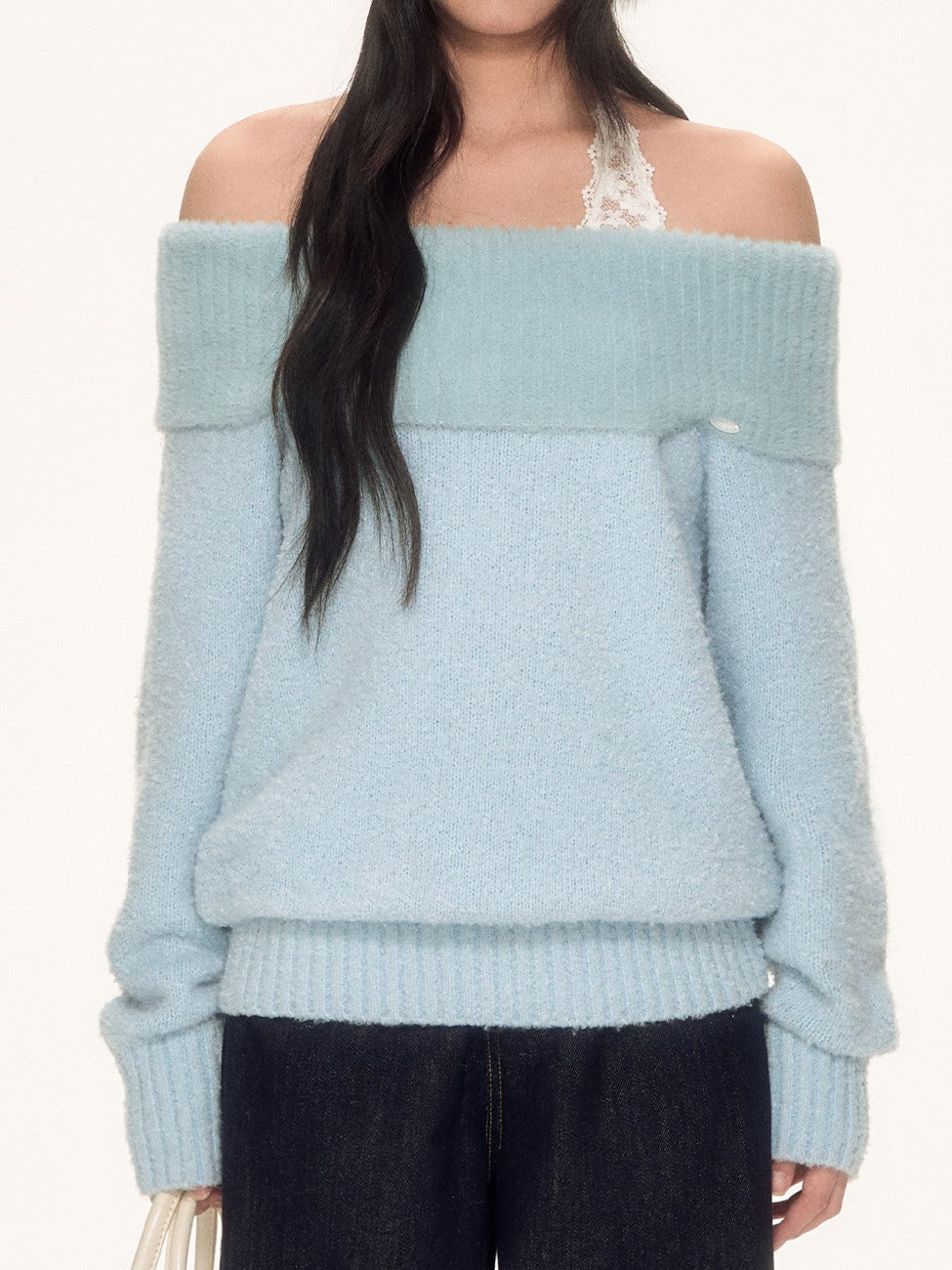 Blue Off-Shoulder Lace Halter Sweater WEE0090
