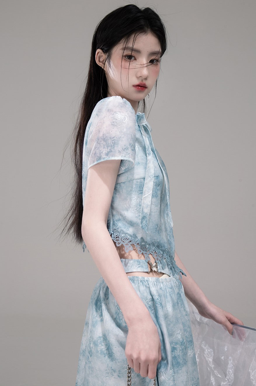 Blue Bow Collar Shirt+Irregular Skirt COT0316