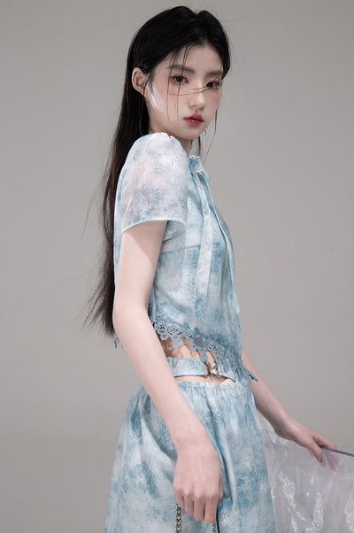 Blue Bow Collar Shirt+Irregular Skirt COT0316
