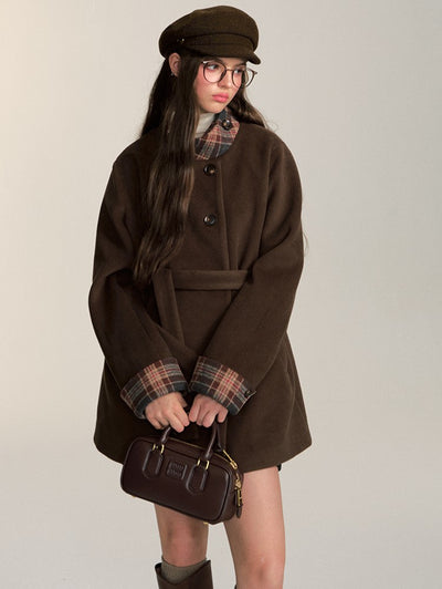 Retro Double-breasted Mid-length Coffee-colored Woolen Coat QDQ0085