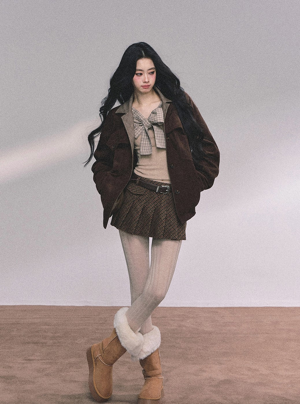 Fake Two-piece Bow Plaid Knit DIA0612