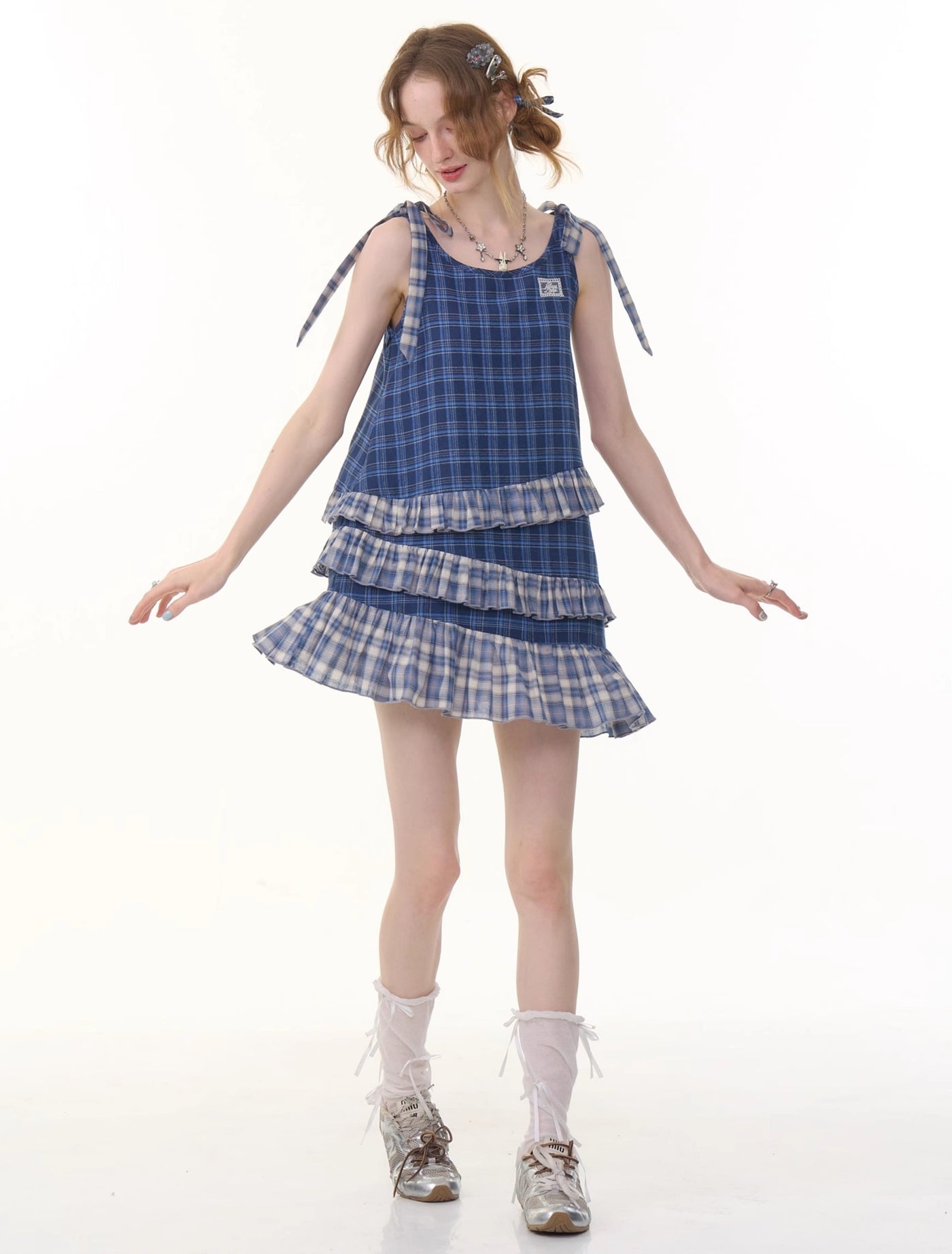 Retro Irregular Hem Blue Plaid Suspender Dress ZIZ0289
