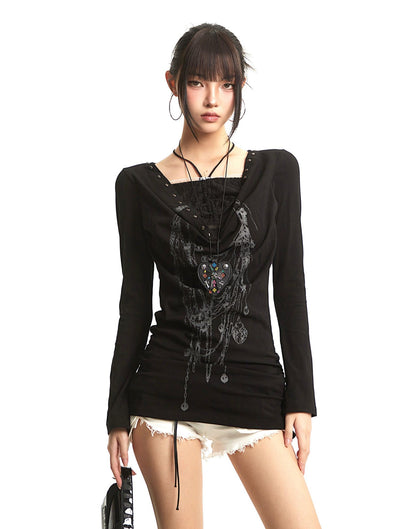 Fake Two-piece Lace Stitching Print T-shirt UNC0287