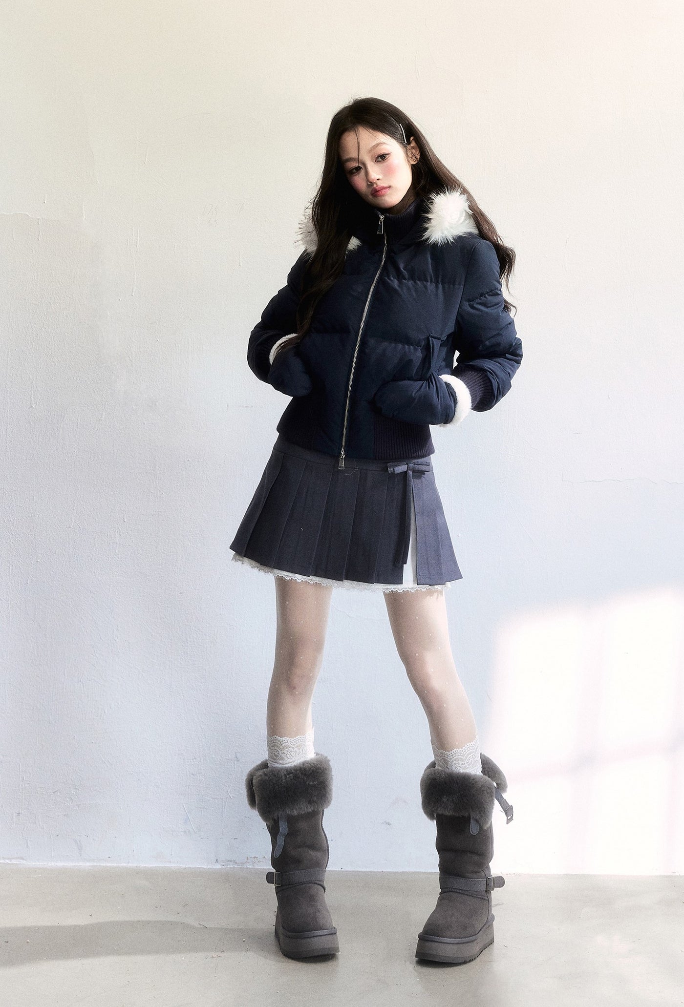 Fur Collar Two-Tone Short Down Jacket FRA0495