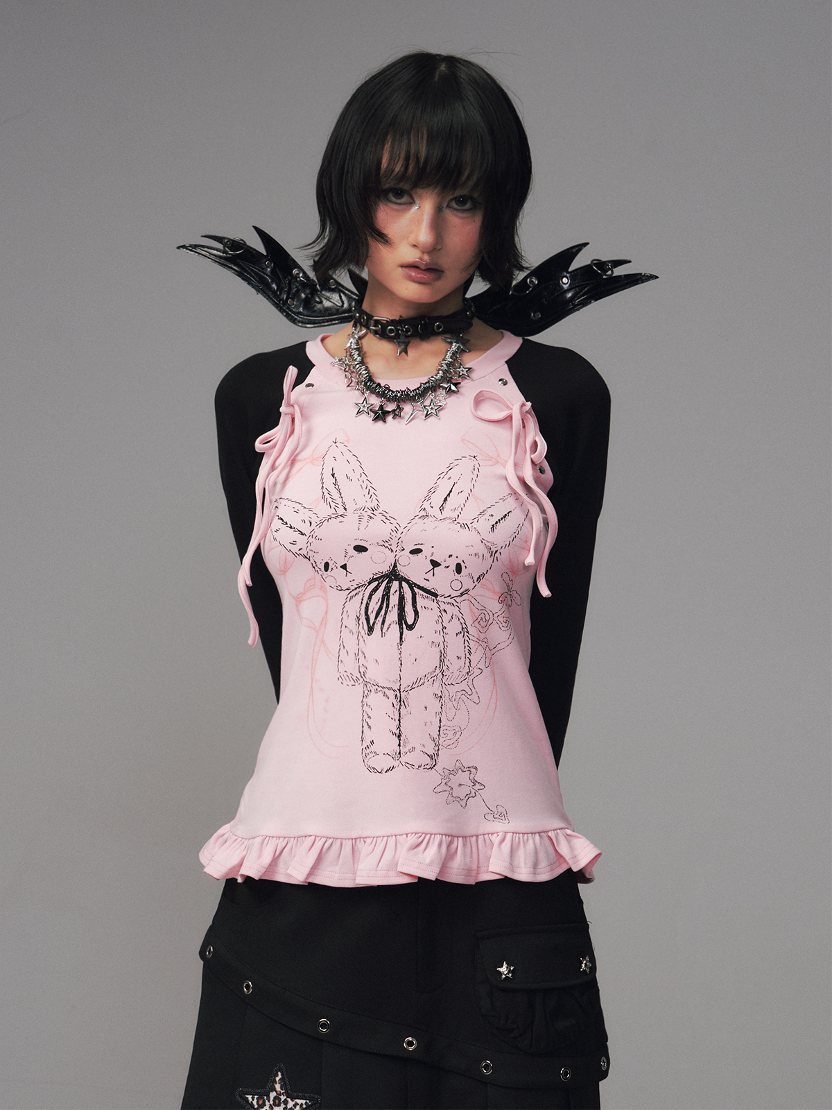 Bow Lace Print Raglan Long Sleeve T-Shirt FRU0126