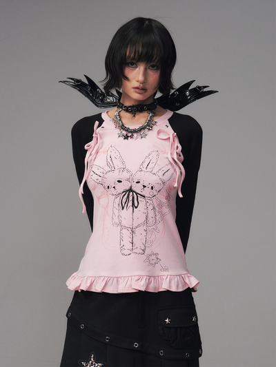 Bow Lace Print Raglan Long Sleeve T-Shirt FRU0126