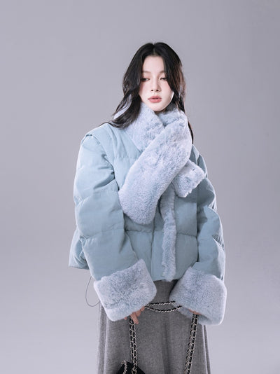 Mist Blue Velvet Detachable Fur Vest Down Jacket COT0180